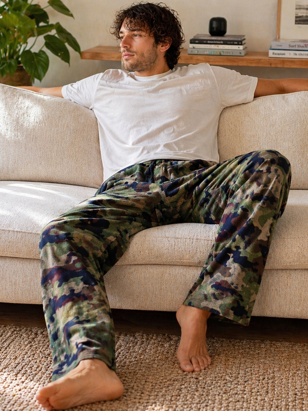 Fruit of the Loom Camo Sleep Pants M Green Lounge Pajama Relaxed Soft